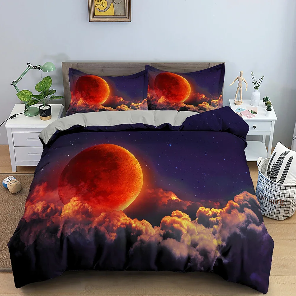 Moon Night Scenery Duvet Cover Set King/Queen Size Night Ocean View Bedding with Pillowcase Black Round Moon Clouds Quilt Cover