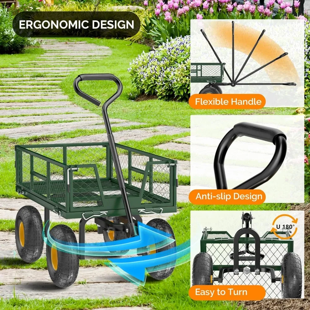 Carrinho de jardim de malha de aço com capacidade de 880 lbs para serviço pesado com carrinho de mão removível e lados removíveis