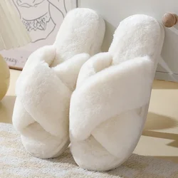 Inverno nuove donne casa pantofole da interno femminile soffici infradito signore morbide pantofole incrociate in peluche appartamenti antiscivolo scivoli in pelliccia soffice