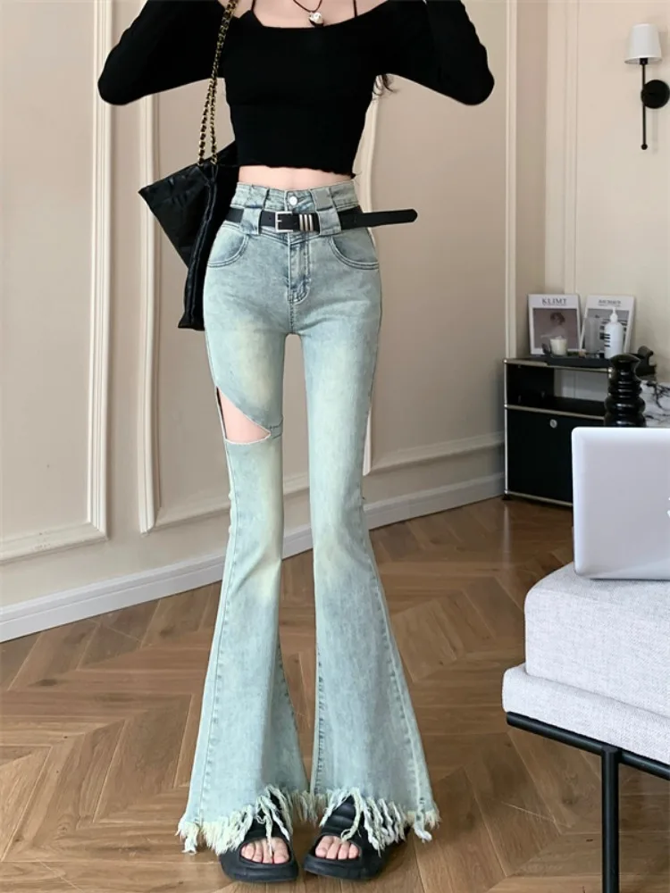 

High Waisted Skinny Ruffled Denim Pant Straight Length Pants Slim Retro Torn Pants Micro Flared Pants Women's 2024 New