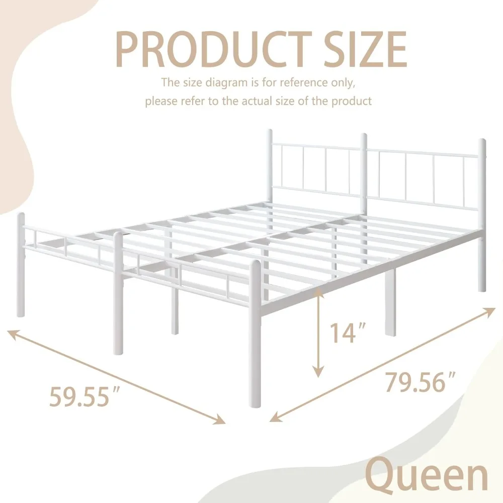 إطار سرير بحجم كوين مقاس 14 بوصة لا حاجة إلى صندوق زنبركي، منصة معدنية مع لوح أمامي ولوح للقدمين، شرائح شديدة التحمل تدعم سهلة الاستخدام