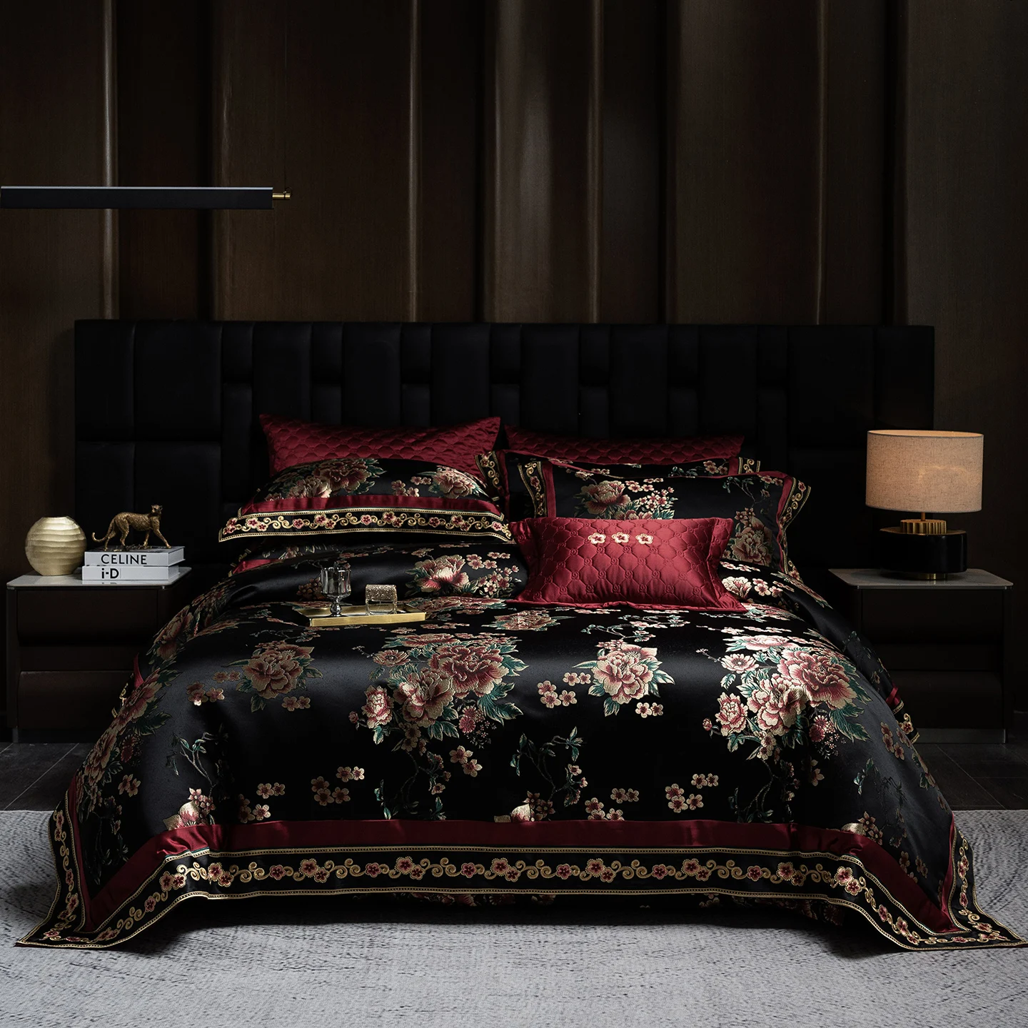 4/7Pcs Black Luxury Embroidery Flowers Jacquard Egyptian Cotton Bedding Set Duvet Cover Bed Sheet/Fitted Sheet Pillowcases