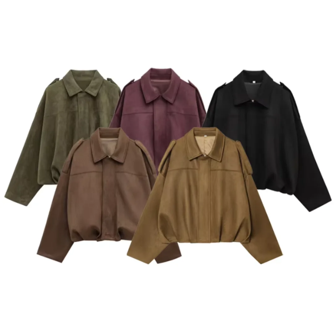 Suede Cropped Jacket Women's Bomber Jacket Oversized Batwing Sleeves Outerwears Lady Casual Loose Coat Street Style Jackets Zip