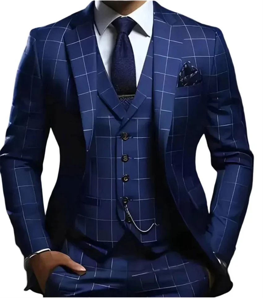 Plaid Men Suits for Business Party Male Fashion Check Groom Tuxedos Formal Suit Blazers 3 Pieces Slim Fit Jacket Vest Pants