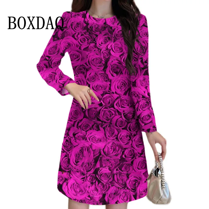 New Rose Dresses Valentine Women Clothing Oversized Long Sleeve Loose Casual Dress Flowers 3D Printing Evening Party Mini Dress