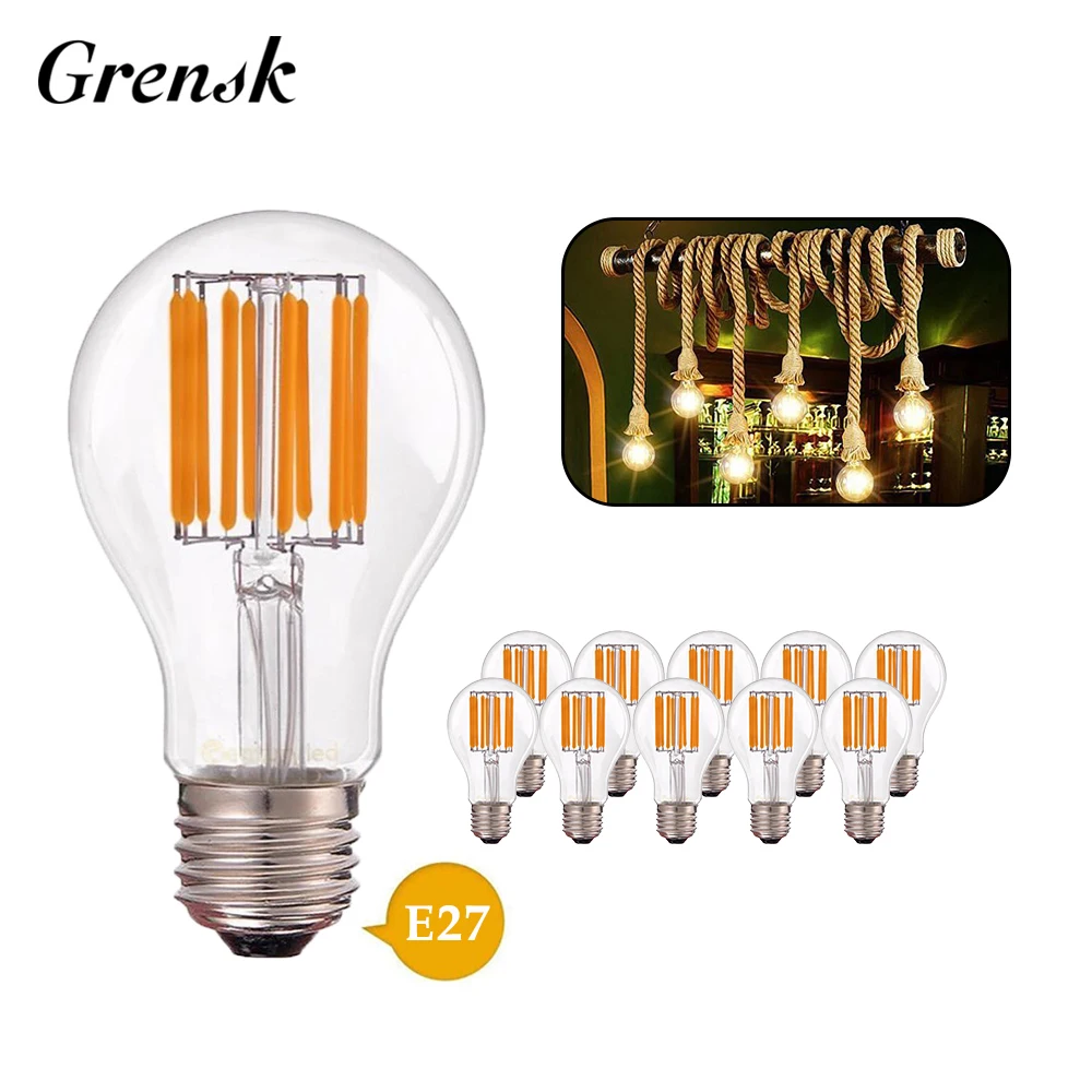 10pcs/lot Grensk 8W 10W Edison A19 Globe Lamp Vintage LED Filament light Bulbs Warm White E26 110V E27 220V Dimmable Led Bulbs