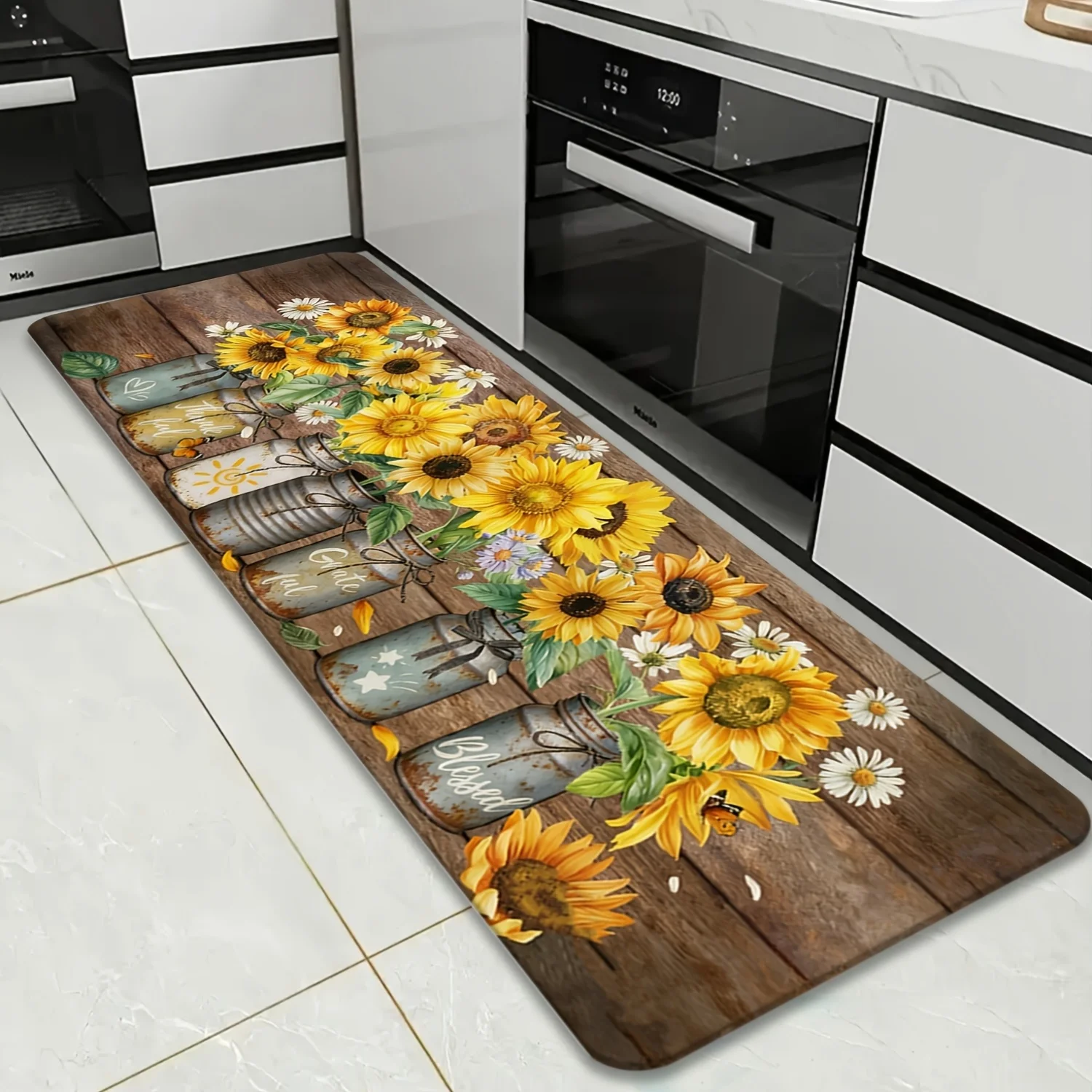 Vintage Distressed Wood Sunflower Farm Cow Pig Horse Print Long Runner Mat  Country Style Kitchen Laundry Decor Rug