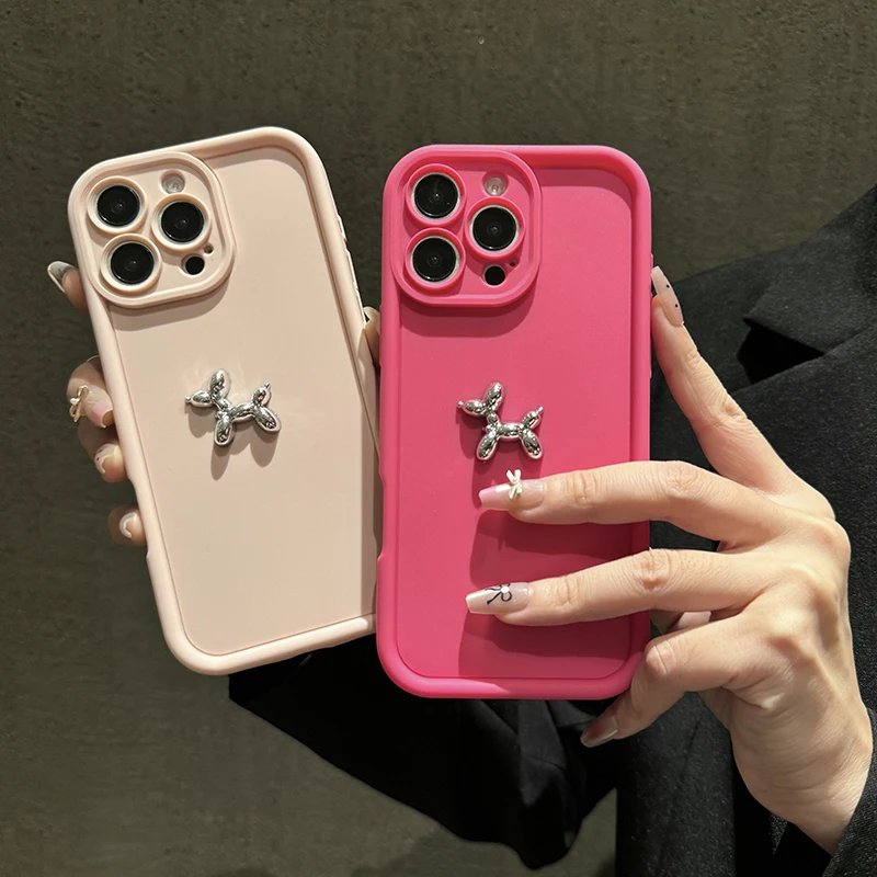 Cute 3D Sliver Balloon Dog Silicone Soft Phone Case For iPhone 15 14 13 12 11 16 Pro Max X XS XR 7 8 Plus Shockproof Candy Cover