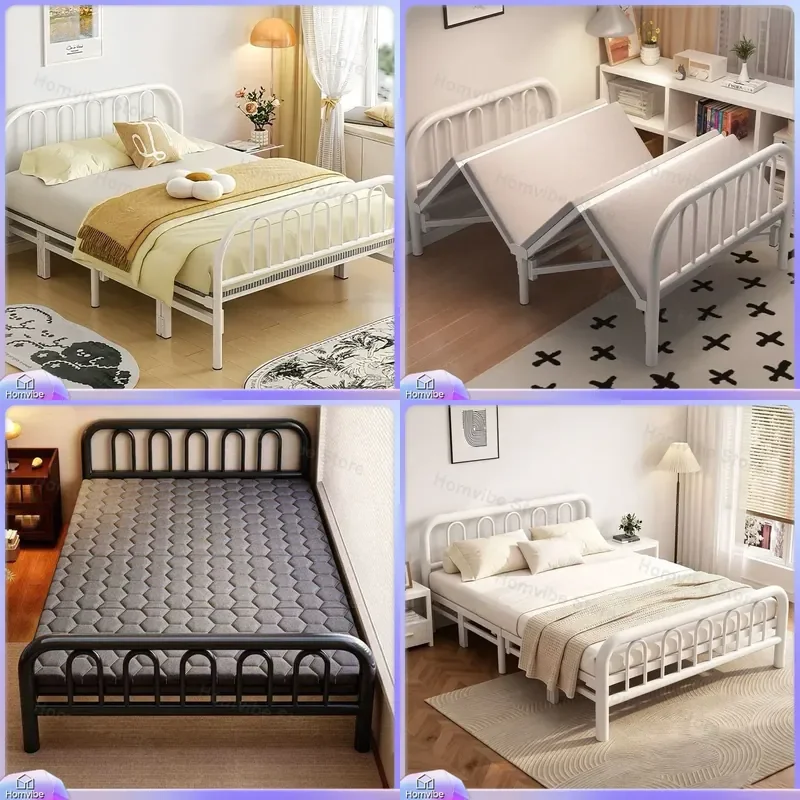 Household Folding Bed for Lunch Break Simple Four Fold Widened Double Bed Stretch Type for Rental House