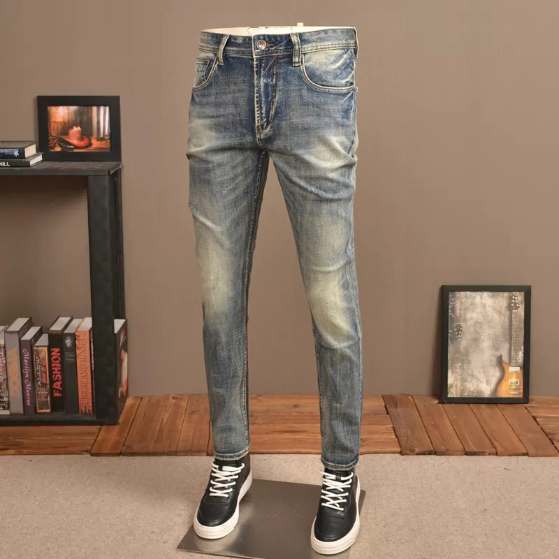 Fashion Designer Men Jeans High Quality Retro Yellow Blue Stretch Slim Fit Ripped Jeans Men Vintage Casual Denim Pants Hombre