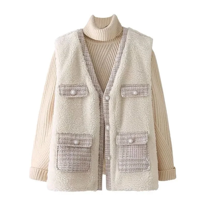 

Vest Coat Women Slightly Fat MM Small Fragrance Lamb Plush Waistcoat Autumn Winter New Tweed Stitching Sleeveless Jacket Female