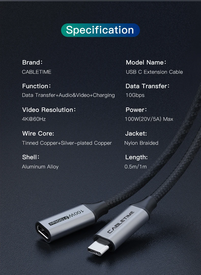 CABLETIME USB-C Verlängerungskabel Typ C Gen 2 Verlängerungskabel 4K 60Hz PD100W 10Gbps für Macbook Laptop iPhone Verlängerungskabel – Detail 12