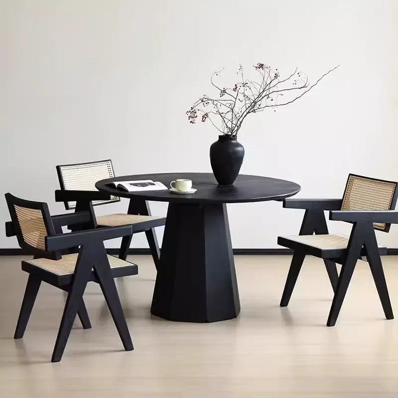 Medieval style solid wood dining table and chair combination household small apartment round dining table B & B hotel retro