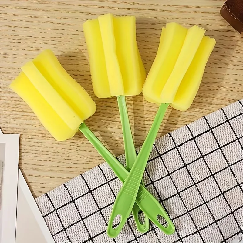 10pcs, New PP Plastic Material + Sponge Cup Brush, Extended Stainless Steel Handle, Green Handle with Yellow Sponge,