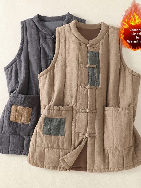 

Хлопковый теплый жилет в стиле ретро, большой размер, женская одежда, воротник-стойка на пуговицах, свободное пальто с воротником-стойкой, зимнее пальто