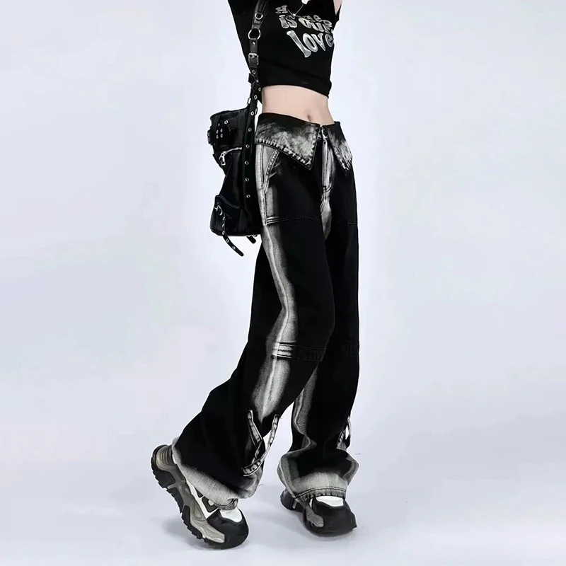 American Style Vintage maßge schneiderte Revers Y2k Baggy Jeans Frauen Streetwear Hosen heißes Mädchen hohe Taille Frauen schwarz grau Hosen