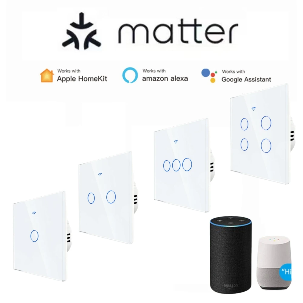 Matter WiFi Smart Touch Light Switch 1/2/3/4 Gang EU Plug Smart Home Wall Panel Switch Works with Homekit  SmartThings Alexa