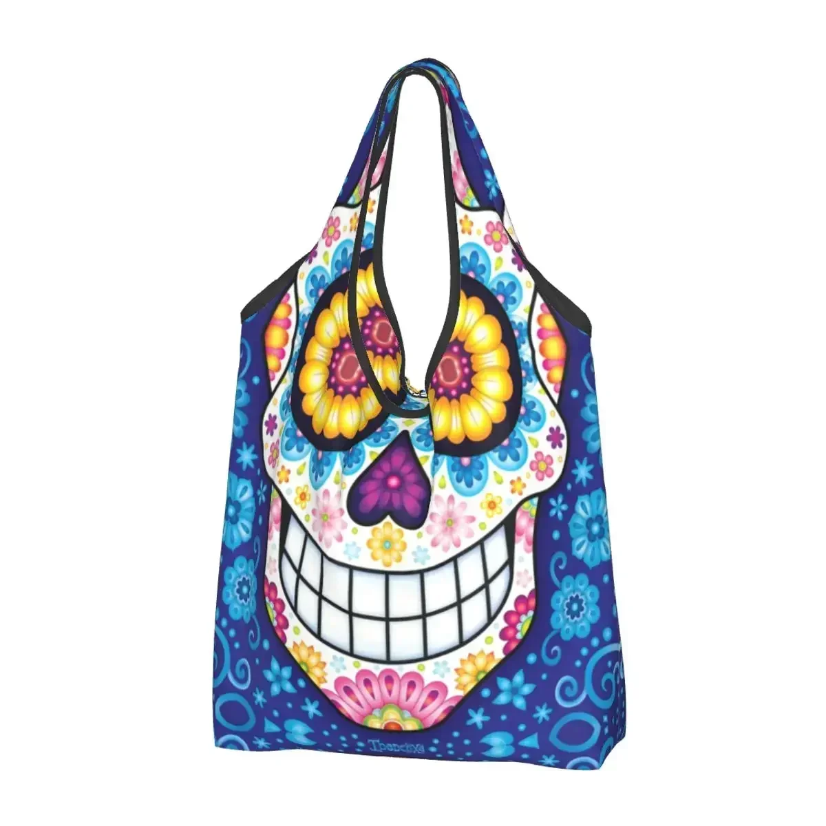 Custom Day Of The Dead Sugar Skull Shopping Bags Women Portable Big Capacity Groceries Mexican  Shopper Tote