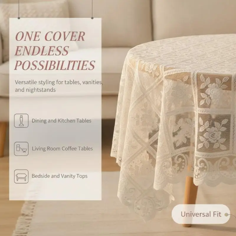 White Polyester Tablecloth with Exquisite Vintage Lace Pattern Wrinkle Resistant for New Year Eve Dinner Table Decor