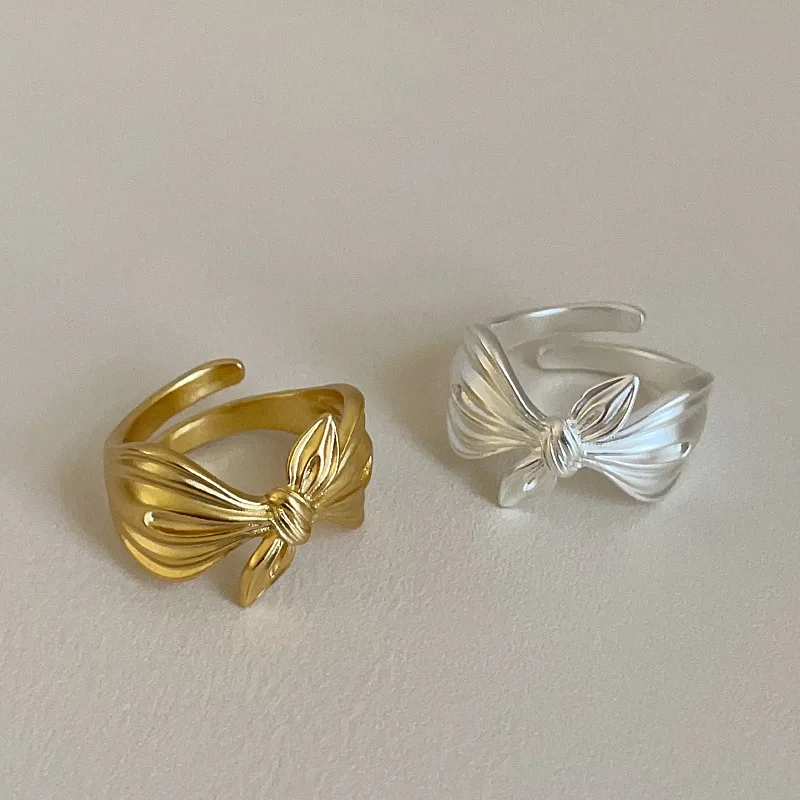 Minar New Chic Matte Color Metallic Drape Bowknot Open Adjustable Cocktail Ring for Women 14K Real Gold Silver Plated Copper