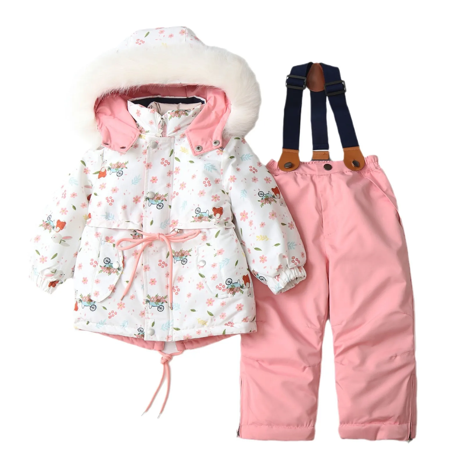 2026 Color-blocked Cotton Children's Ski Suit Waterproof Set For Girls Outing Clothes 2 Pieces Winter New Style Kids Clothes Gir