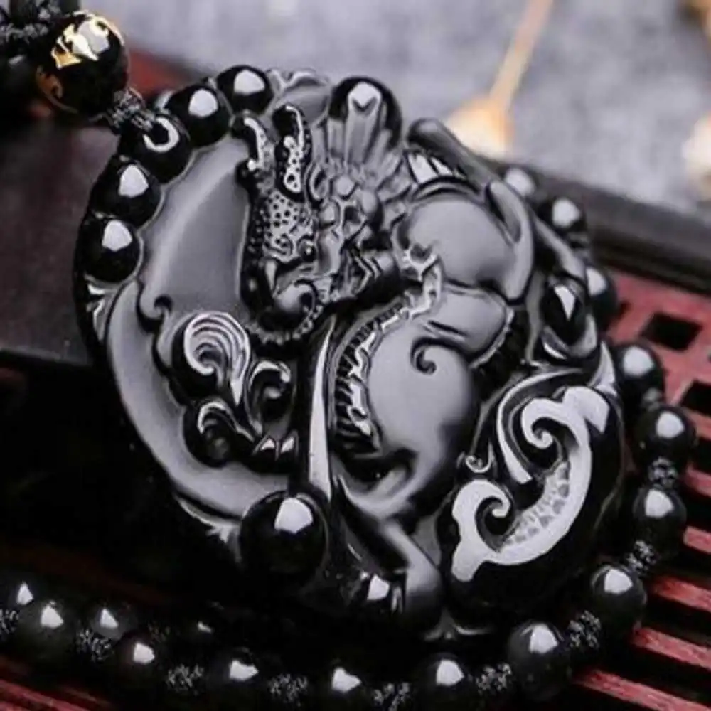 

Natural Obsidian Carved Kylin Lucky Amulet Pendant Choker Unisex Healing Necklace Wholesale Chakra Tibetan Chain Gemstone New