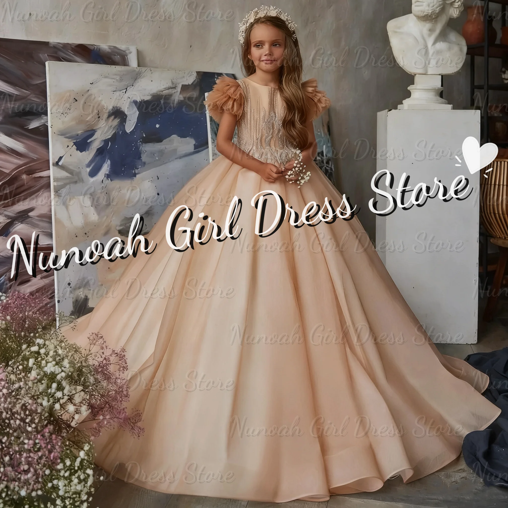 

Red Flower Girl Dresses for Wedding Gold Lace Appliques Floor Length Girl Gown for Photoshoot First Communion Gowns Customized
