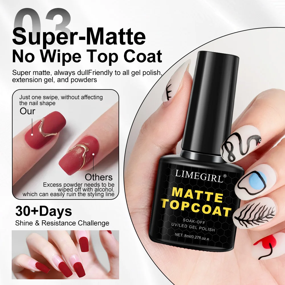 LIMEGIRL 8 ml No Wipe Gel Top Coat Base Coat und Matte Top Coat Kit für Shine Finish Langlebige Nägel Art Design Maniküre Geschenke
