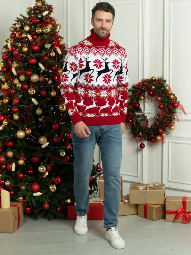 زوجين الزي عيد الميلاد محبوك سترة موضة الأيائل ندفة الثلج الجاكار عالية الرقبة طويلة الأكمام البلوز سترة عيد الميلاد مأدبة #6