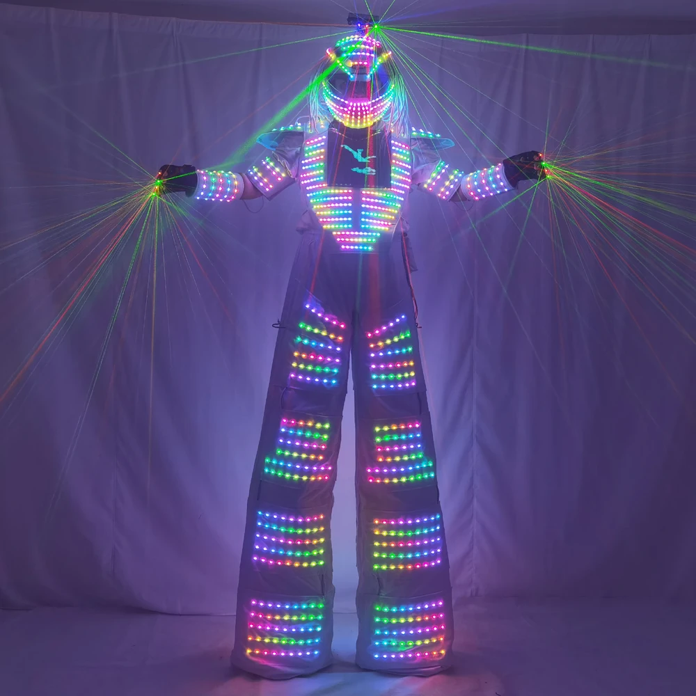 Pixels LED Robot traje disfraz ropa a todo Color pecho inteligente pantalla Stills andador láser guante casco