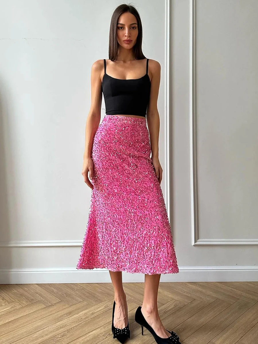 Bornladies New Women's Sequined Skirt Design Inspired Evening Gown Elegant Lady Fashion Chic High Waist Slimming Long Skirt