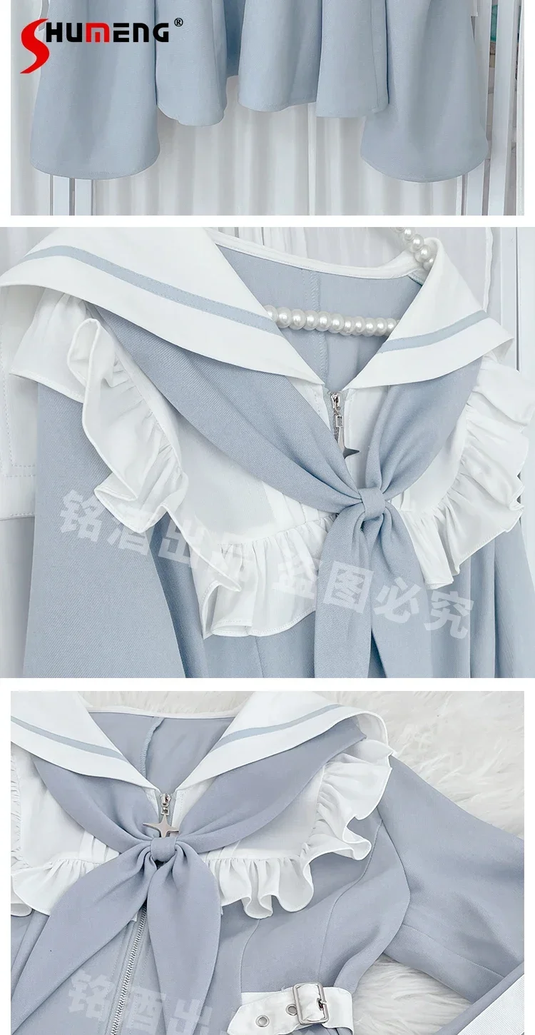 Japanese Mine Series Mass-produced Navy Collar Lace Splicing Sleeve Zipper Short Dress High Waist Shorts Two-piece Sets Women