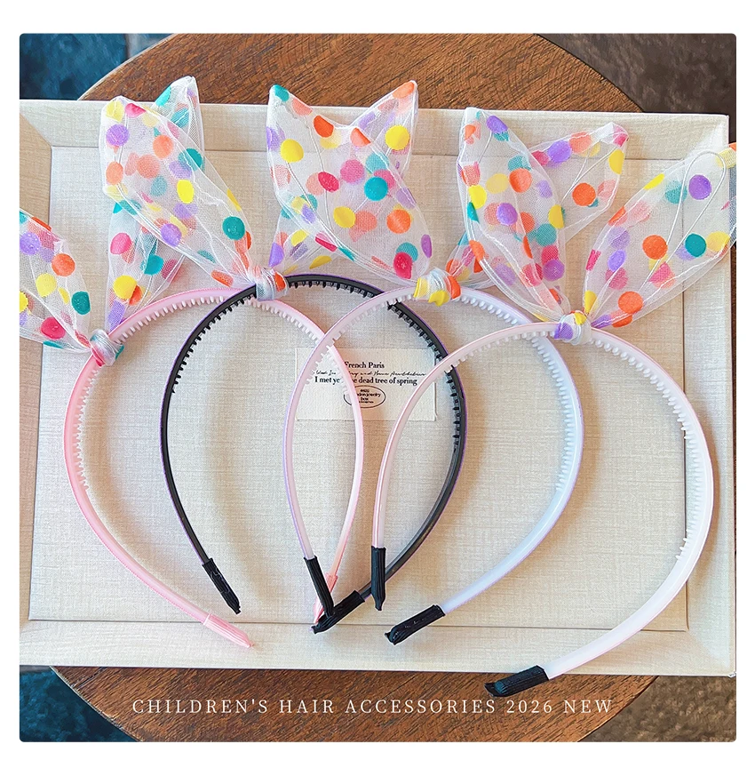 2026 Neues Buntes Gepunktetes Tüll-Netz Hasenohren-Stirnband für Kleinkinder Mädchen Kinder Verstellbarer Draht Ohne Haarschaden Haarreif für Tägliches Tragen – Detail 4