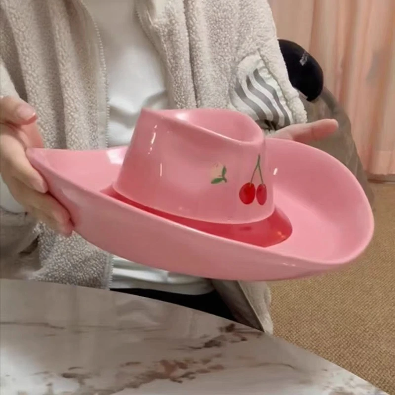 Versatile Elegant High Value Food Grade Ceramic Cowboy Hat Plate with Vinegar Dish Girly Breakfast Set