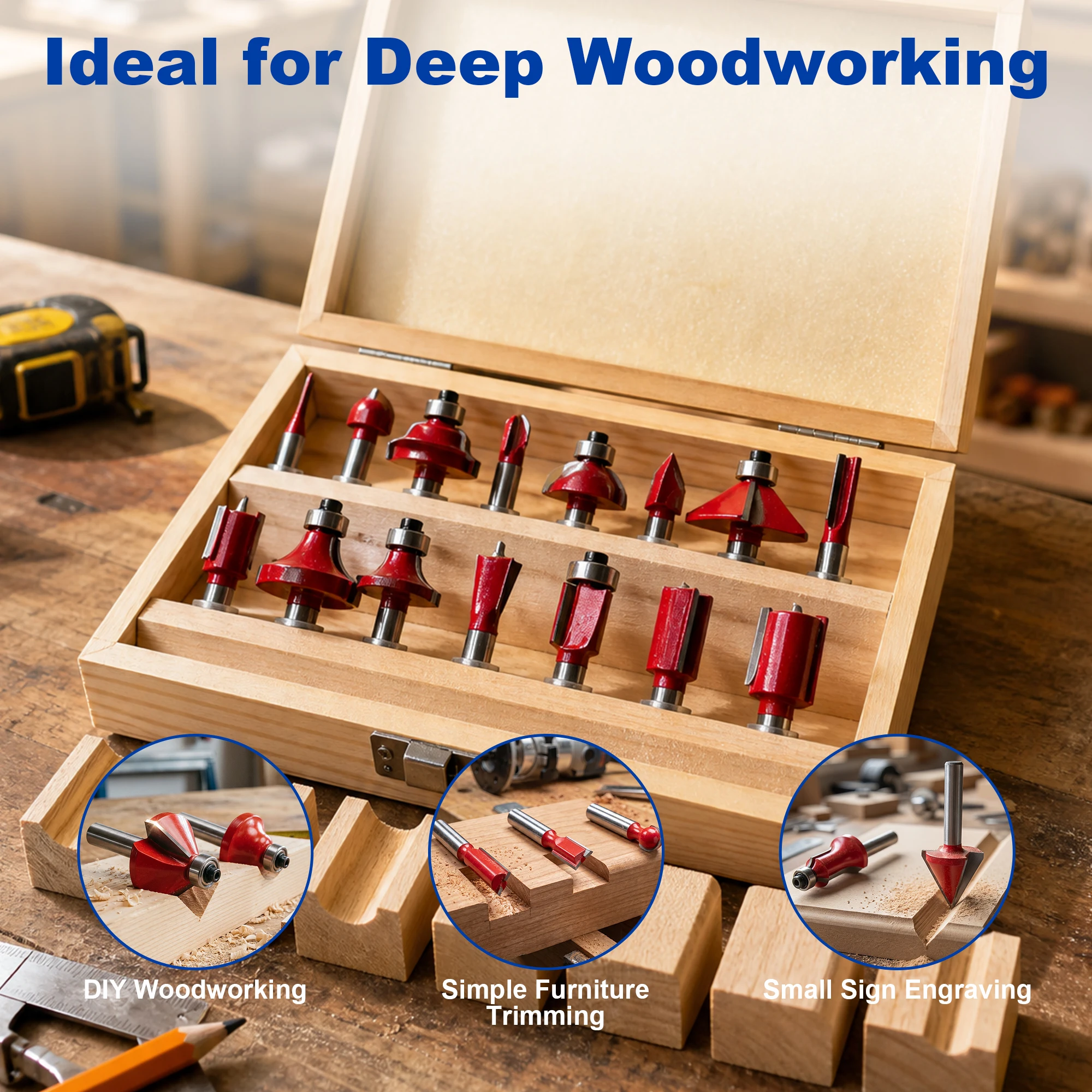 TwoTrees 6.35mm & 12.7mm Carbide Router Bits Set, Trimming Cutter 15Pcs, 3-Flute T-Slot Milling Bit for CNC Woodworking