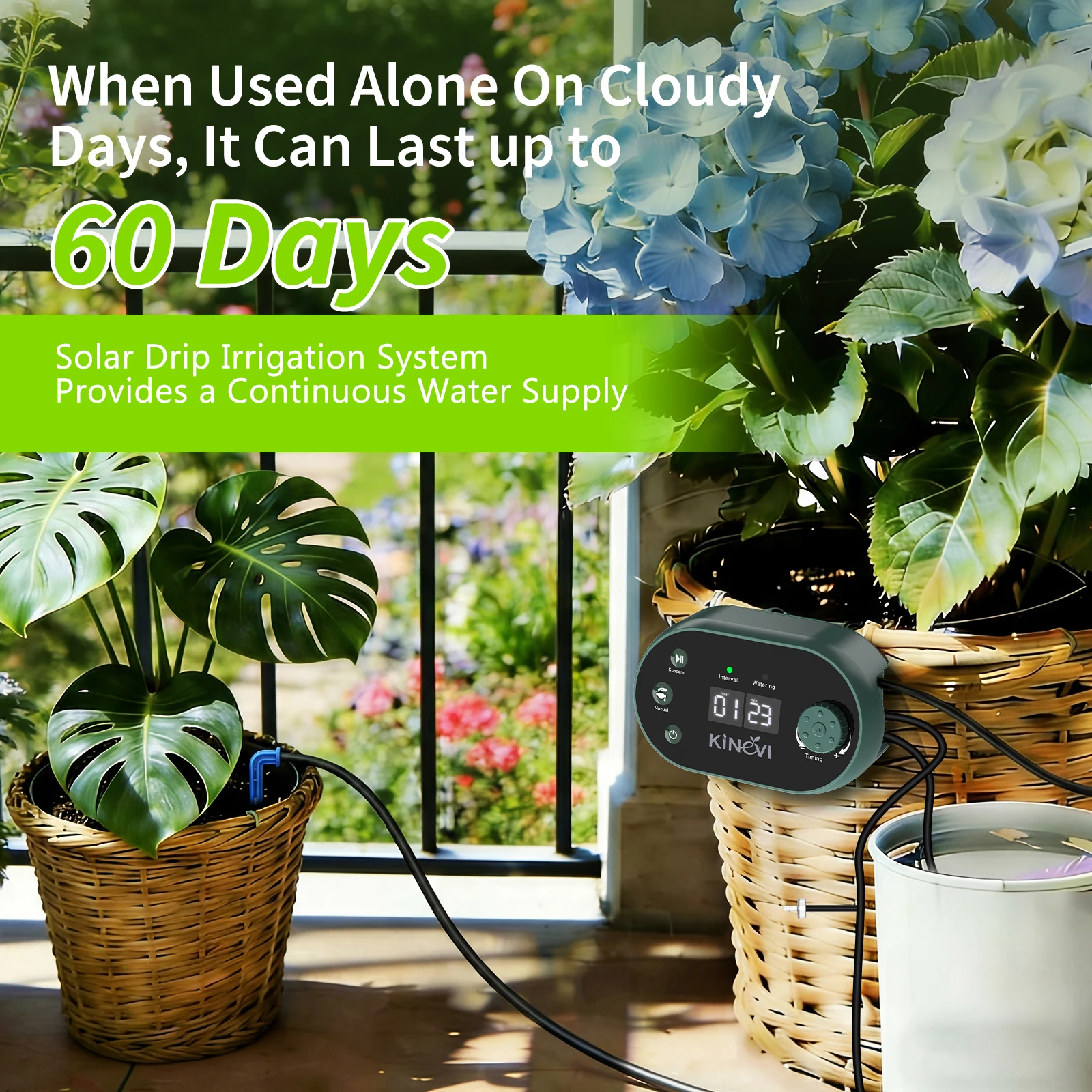 Solar Irrigation System, 3W Automatic Watering System with 22 Timer Modes&15m Hose Suitable for Plants Potted Vegetables Shrub