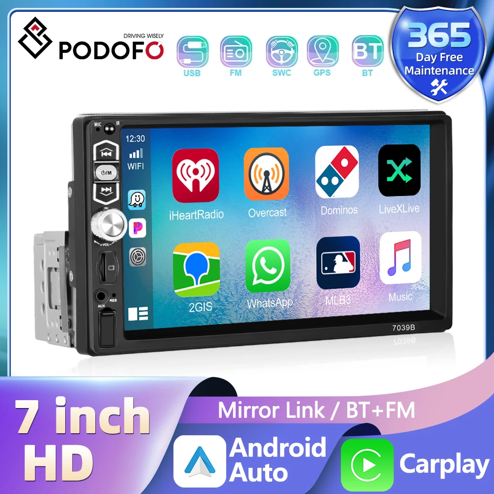 

Podofo Universal Car Radio Autoradio 7" 1Din Touch Screen Multimedia Player Audio Stereo Bluetooth Wirless Carplay Android Auto