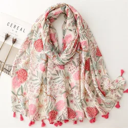 2024 Newest Women Floral Printed Pattern Printed Pattern Scarf Cotton Voile Scarf Shawls