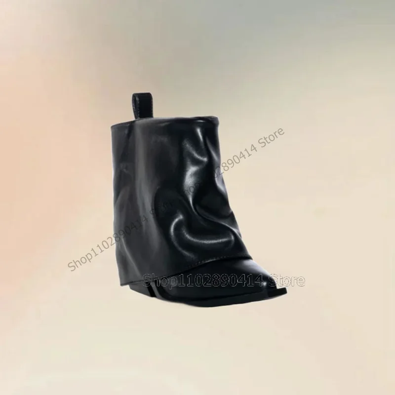 

Black Turned Over Mid Calf Pointed Toe Boots Slip On Women Shoes Chunky High Heels Novel Fashion Party 2025 Zapatos Para Mujere