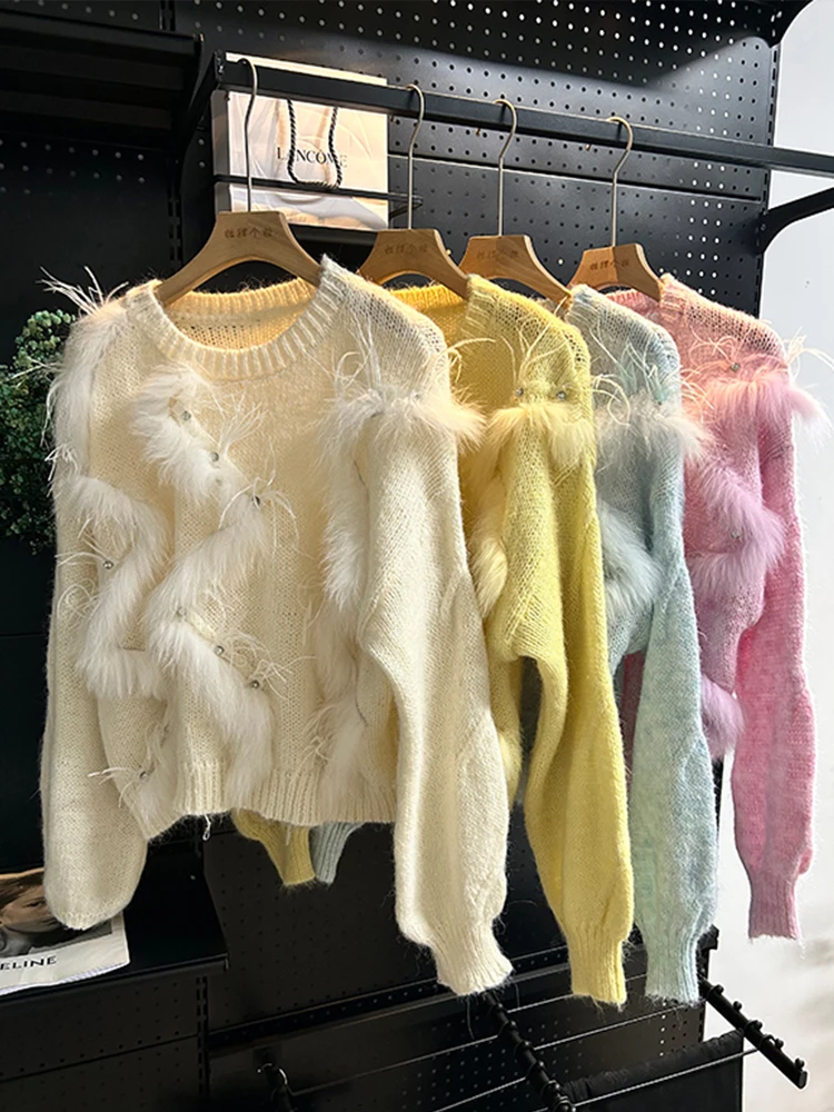 Nowa Moda Damska Jesienna Kurtka Sweter Płaszcz z Prawdziwego Futra Lisa Dzianina Długi Rękaw Dekolt O-Neck Odzież Uliczna Okrycie Wierzchnie