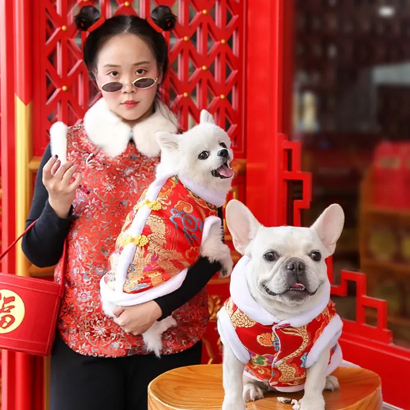 New Year Dog Dragon Robe Costume Winter Pet Clothes  of The Tang Dynasty Christmas Coat for Cats Teddy Bichon Small Medium Dogs