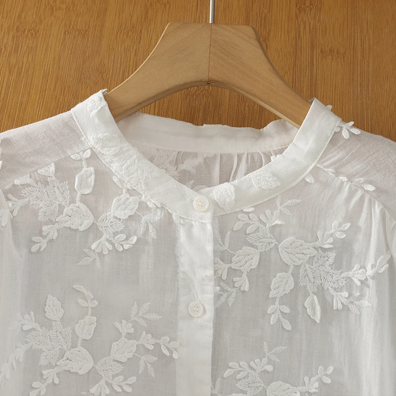 Pur coton brodé Long Sve coupe ample col montant femmes irt printemps nouveau Sle doux polyvalent Floral cousu irt