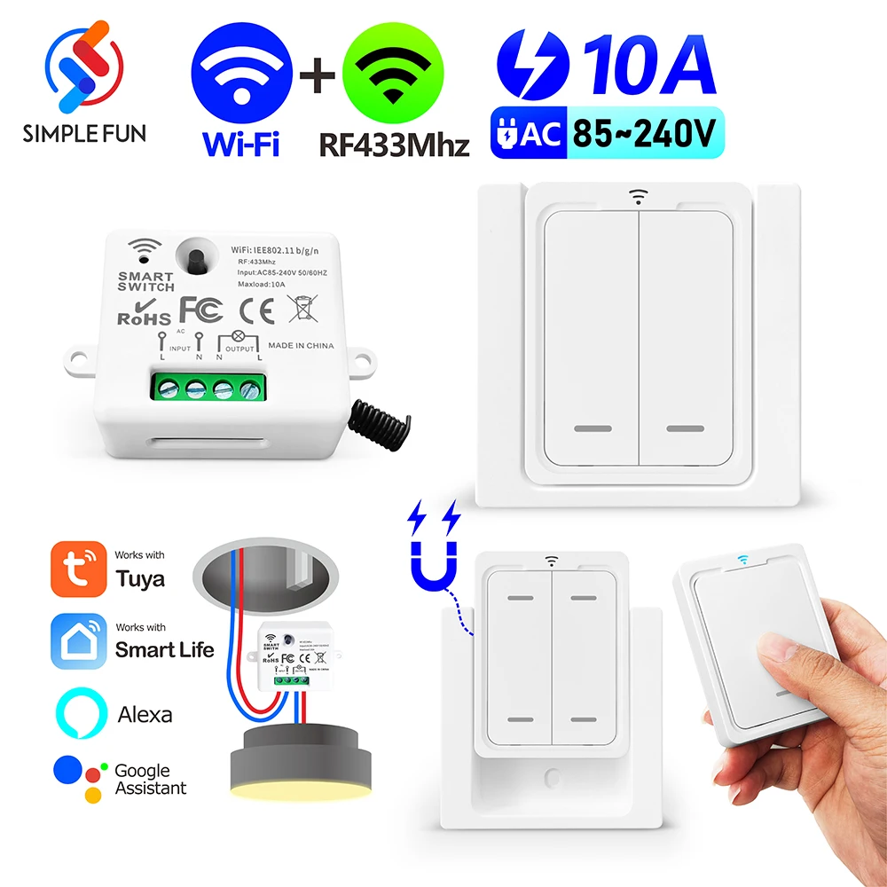 Tuya WiFi RF Wireless Smart Light Switch,Wireless Magnetic Panel Switch,110V 220V Mini Module,APP/Alex Google Home Voice Control