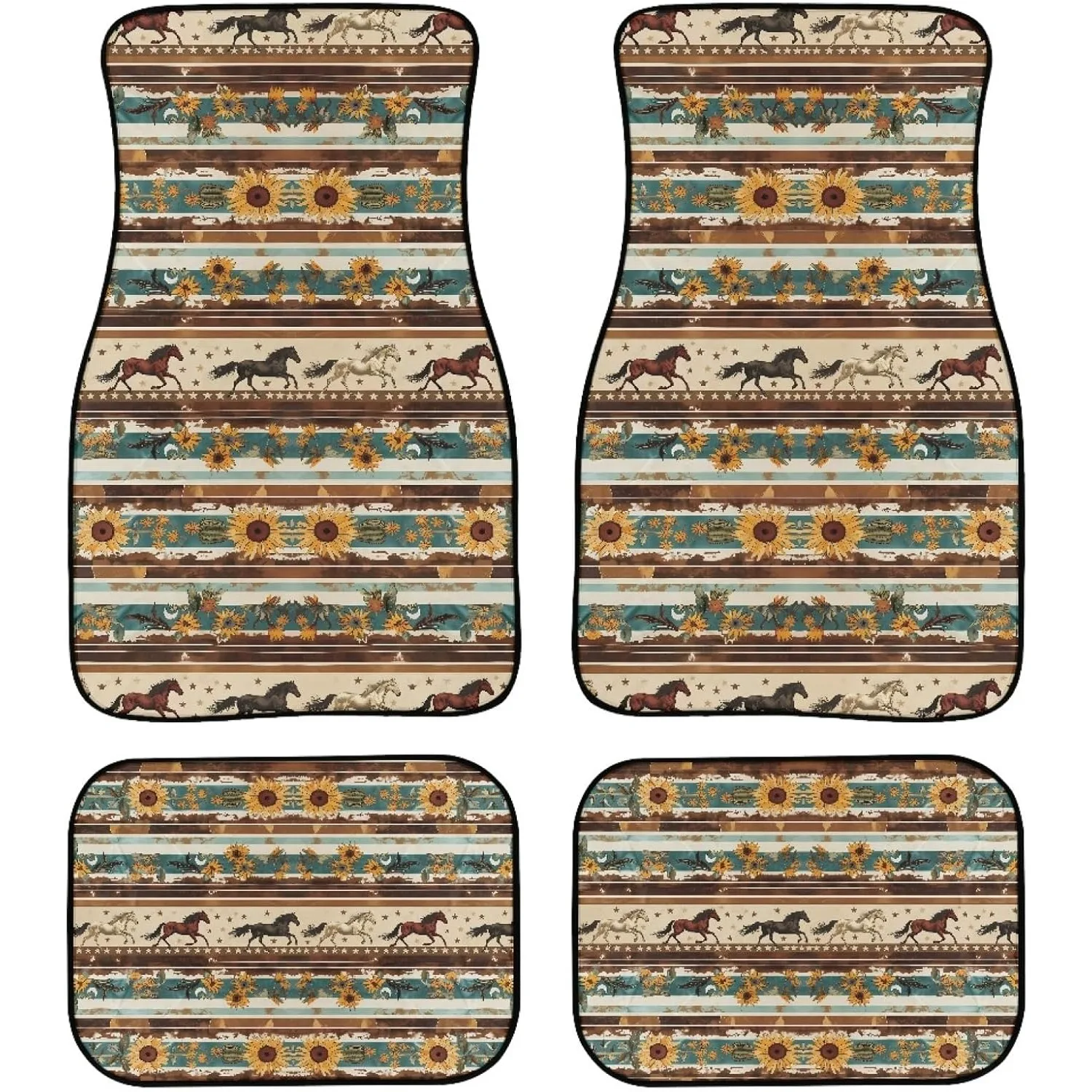 Set Of 4 Sunflower Horse Aztec Car Floor Mats | Universal Non-Slip Polyester Carpets For Most Vehicles, Modern Car Interior Acce