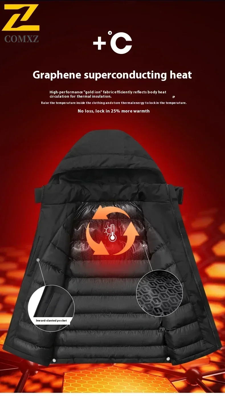 Men Jacket Solid Color Hooded Slim Fit Jacket Outdoor Travel Graphene Technology Warm Jacket Windproof Waterproof Winter Jacket