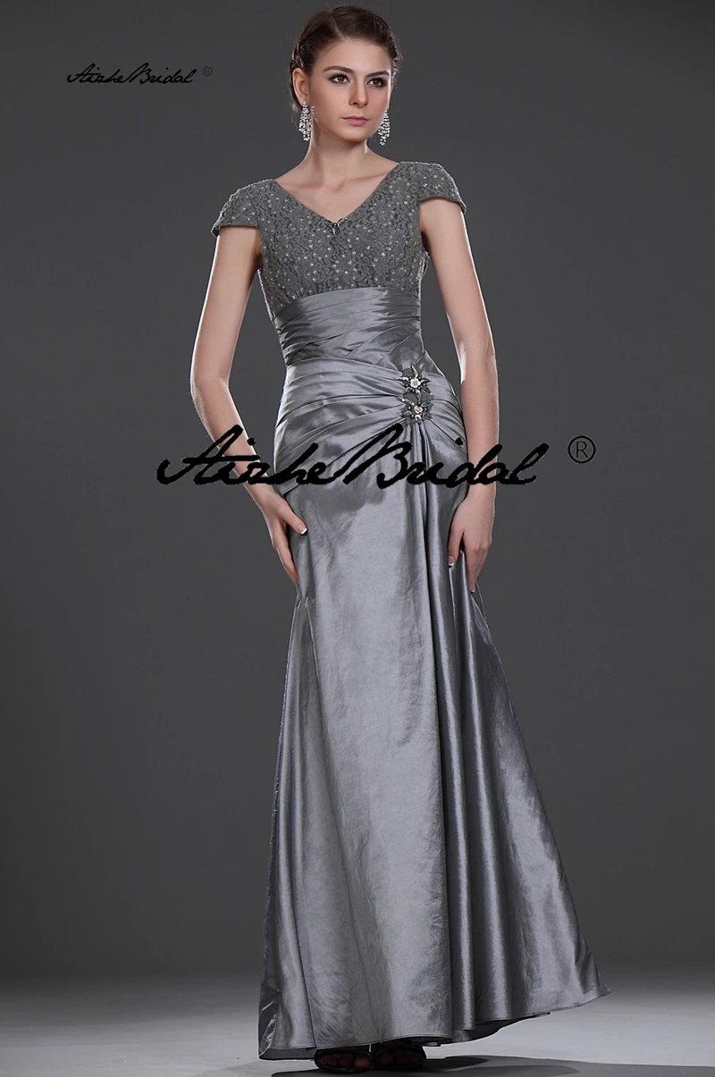 فستان حفلات الزفاف فساتين طويلة لأم العريس عتيقة حورية البحر بأكمام قصيرة ورقبة على شكل V من قماش التفتا فستان أم العروس