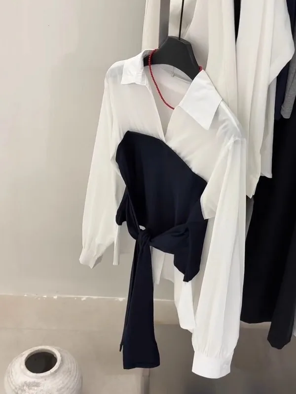 

Корейский цвет Blo Long Sve irt, женский модный топ с поясом на талии, весна-осень, новый, приятный для кожи, дышащий