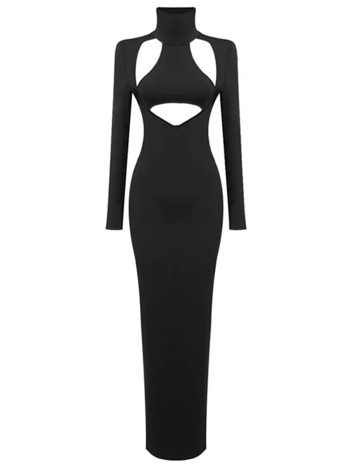 black high neck extreme cut out long sleeve bodycon dress Winter 2023 Sexy Cut Out Black Turtleneck Bodycon Maxi Long Women Celebrity  Fashion Evening Party Club Dress Vestido