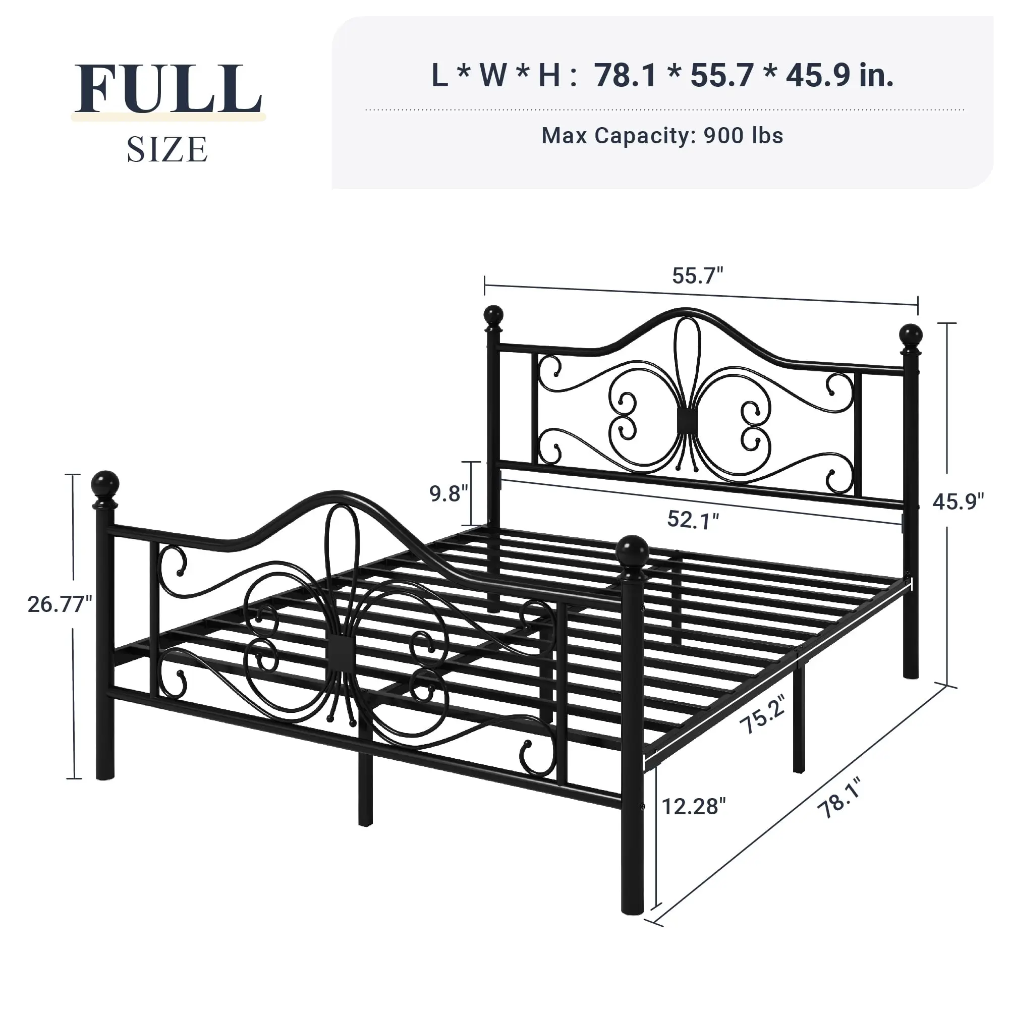 Metal Full Platform Bed Frame, Butterfly Pattern Design, Black