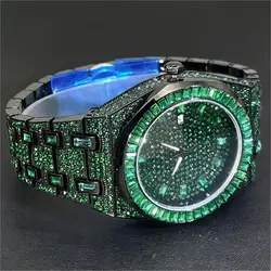 MISSFOX Fashion Green Iced Watch For Mens Stainless Steel Automatic Date Wristwatch Man Hip Hop Diamond Jewelry Watches 2024 New